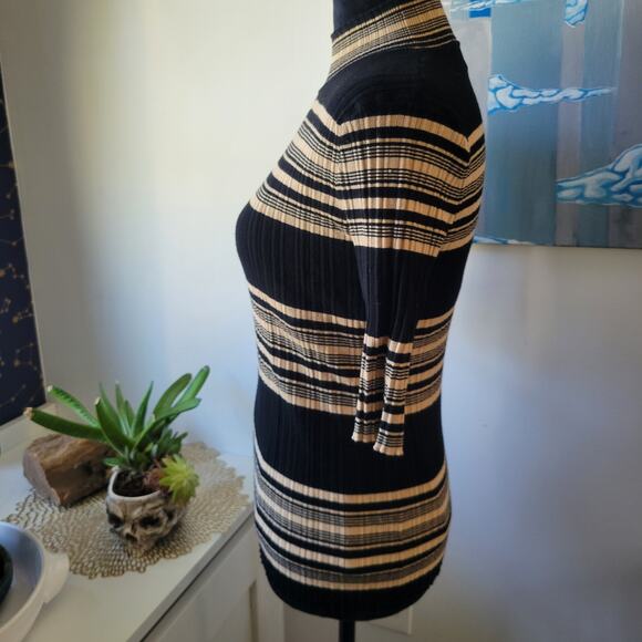 Y2K Tahari Stretch Top Black Gold Tan Textured Stripe | Size Large - Picture 2 of 6